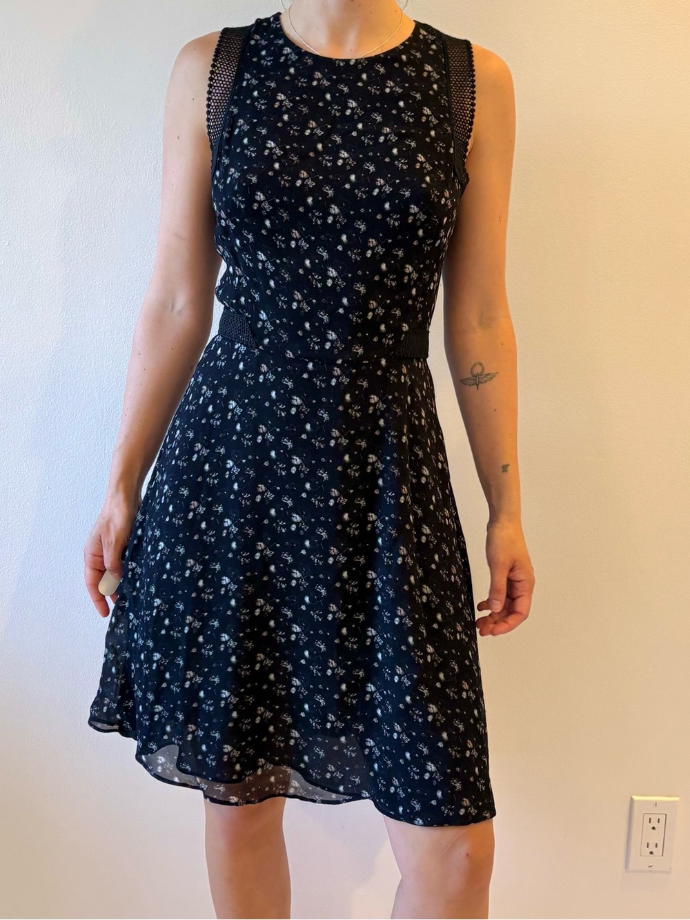 Black floral silky fit and flare knee length dress